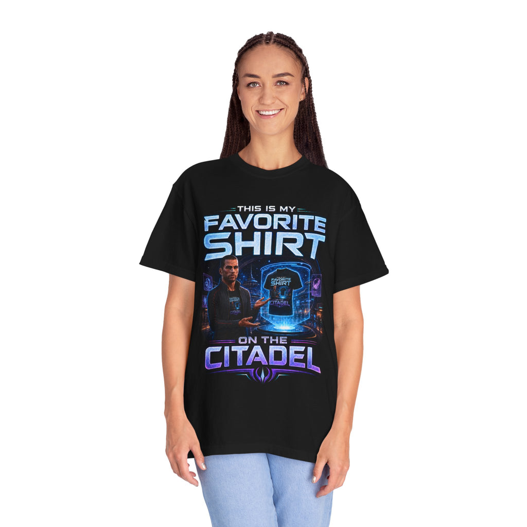 Commander's Favorite Shirt on the Citadel sci-fi graphic T-shirt, black shirt front view modeled with one hand on the hip.