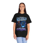 Commander's Favorite Shirt on the Citadel sci-fi graphic T-shirt, black shirt front view modeled with one hand on the hip.