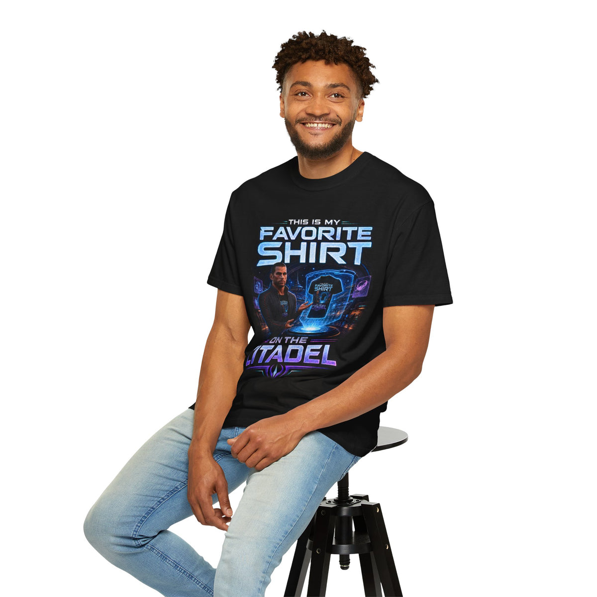 Commander's Favorite Shirt on the Citadel sci-fi graphic T-shirt, black shirt front view modeled with the shirt tucked into jeans.