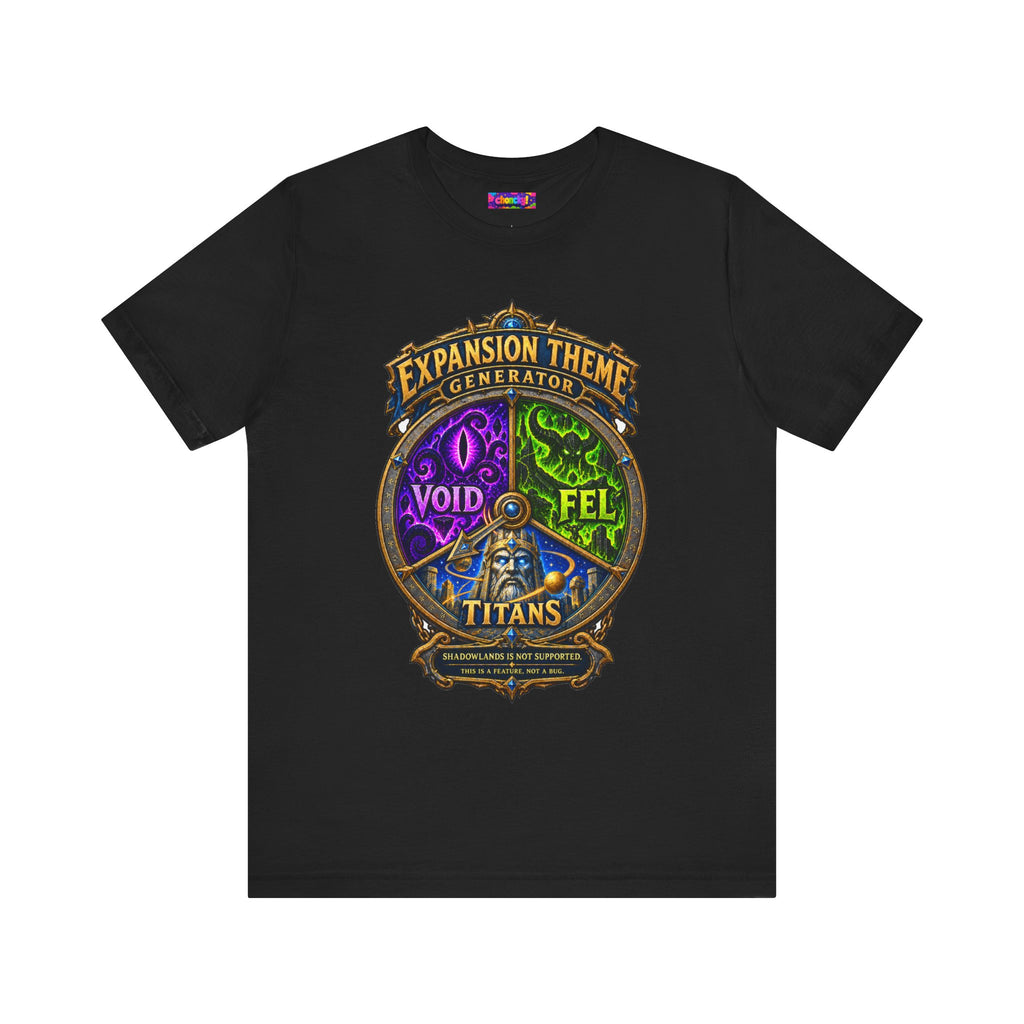 Expansion Theme Generator fantasy MMO graphic T-shirt, black shirt laid flat, front view.