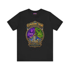 Expansion Theme Generator fantasy MMO graphic T-shirt, black shirt laid flat, front view.