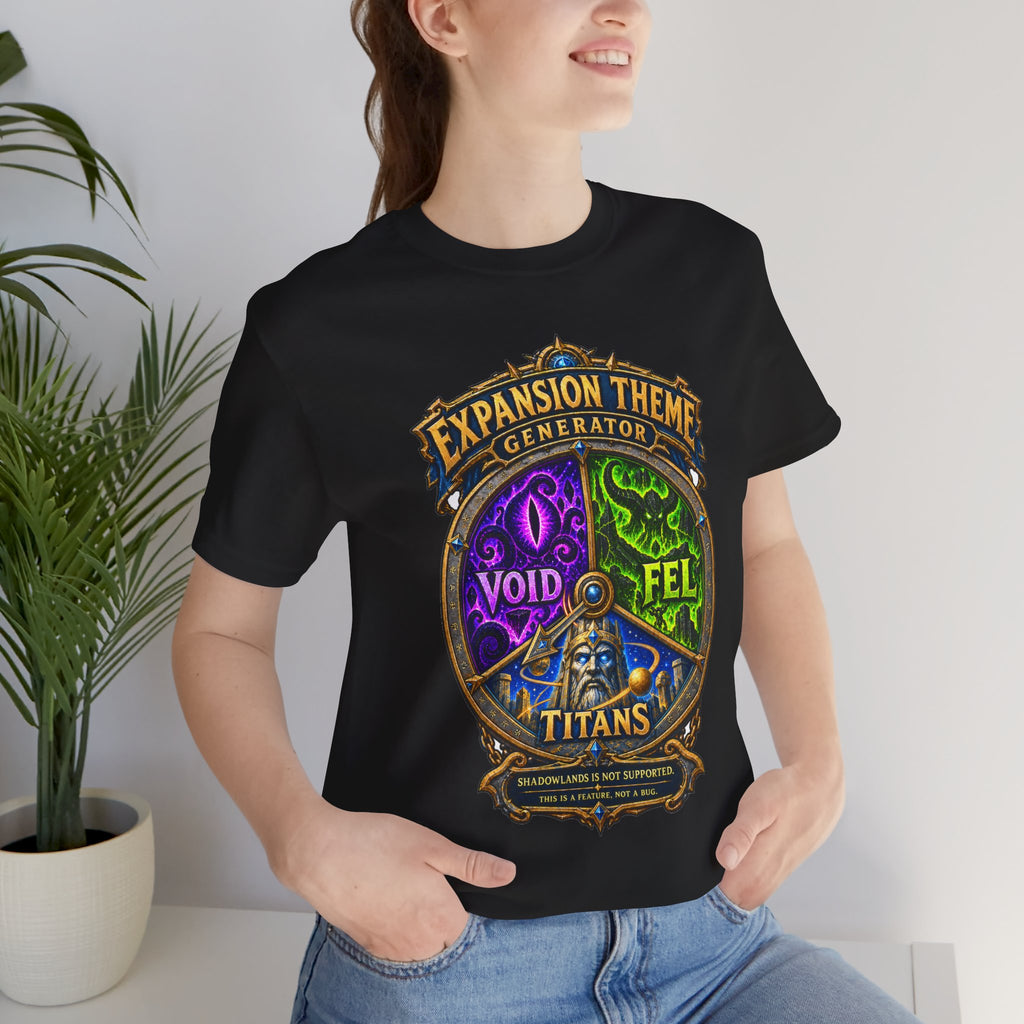 Expansion Theme Generator fantasy MMO graphic T-shirt, black shirt close-up on a woman in a casual room.