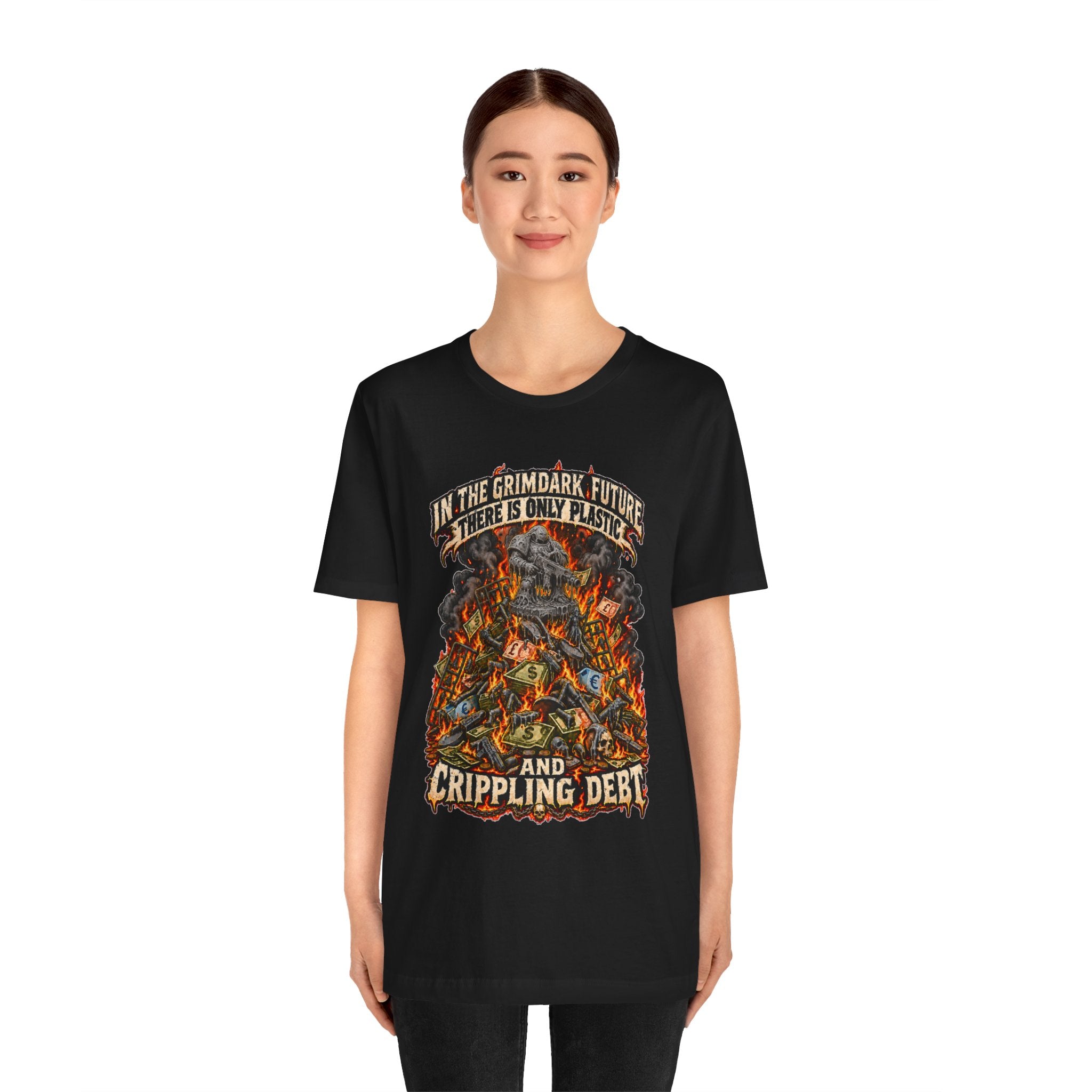 Only Plastic & Crippling Debt graphic T-shirt product mockup