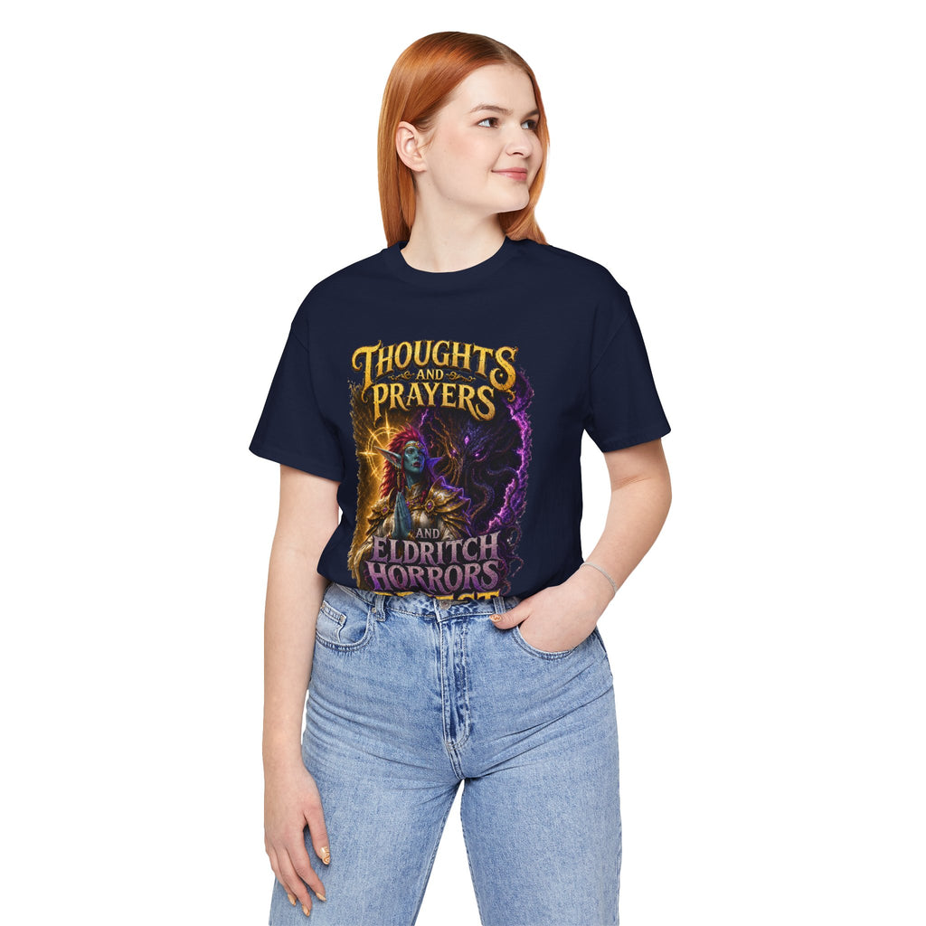 Thoughts, Prayers & Eldritch Horrors graphic T-shirt product mockup