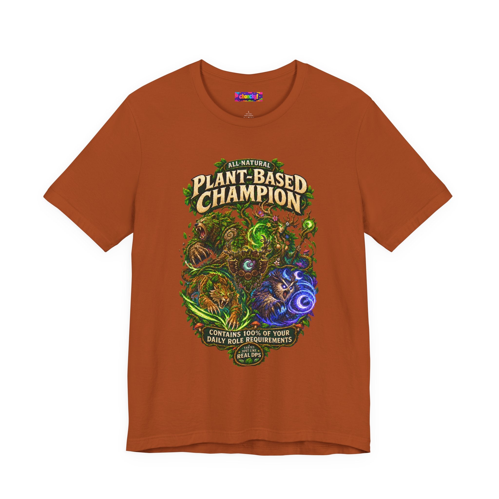 Plant-Based Champion fantasy druid graphic T-shirt, rust shirt front view.