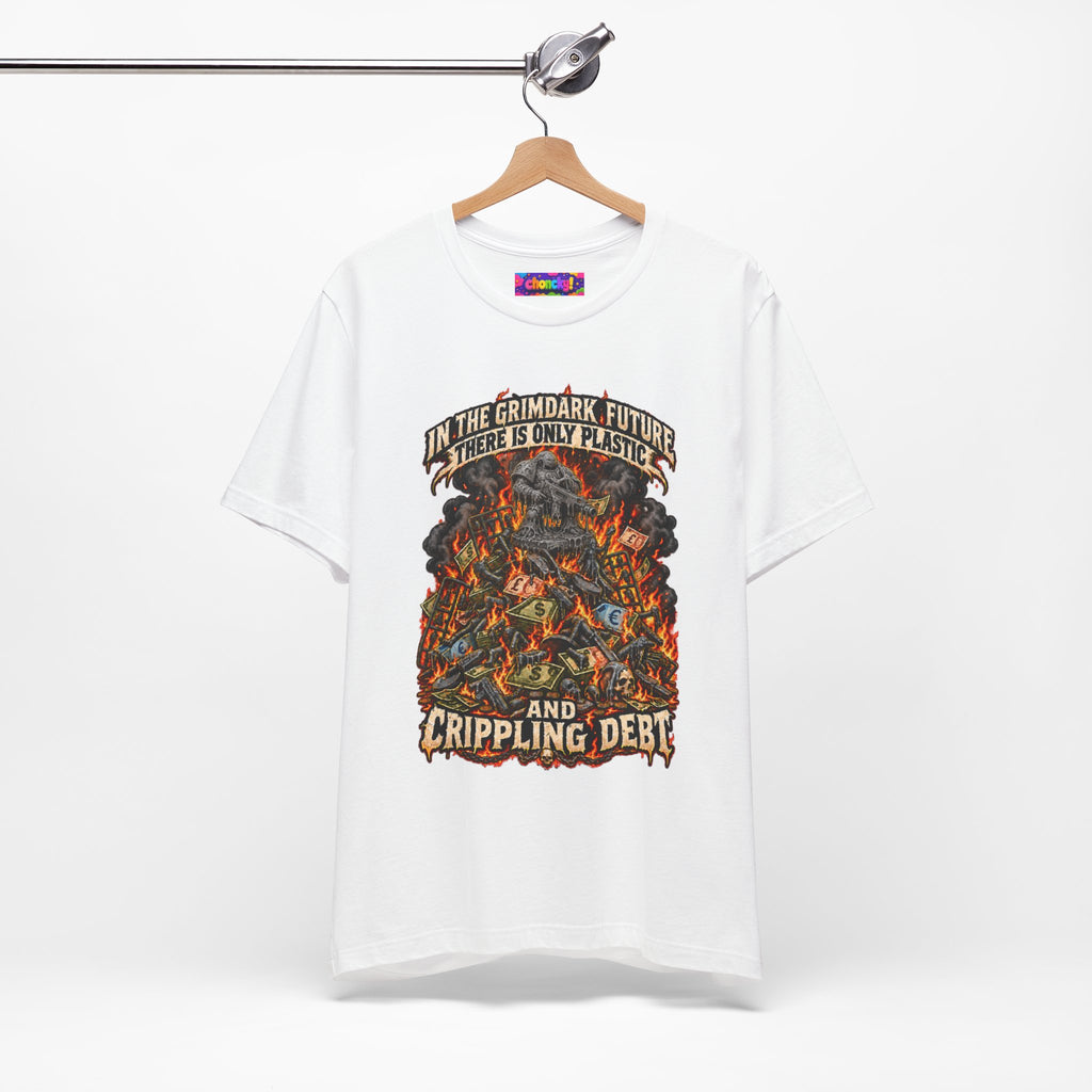 Only Plastic & Crippling Debt graphic T-shirt product mockup