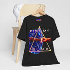 Fist My Bump Rocky and Grace sci-fi graphic T-shirt, black shirt hanging beside a chair.
