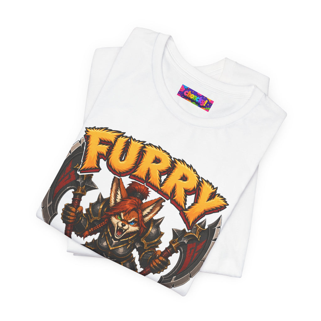 Furry Warrior vulpera fantasy MMO graphic T-shirt, white shirt folded to show the print.