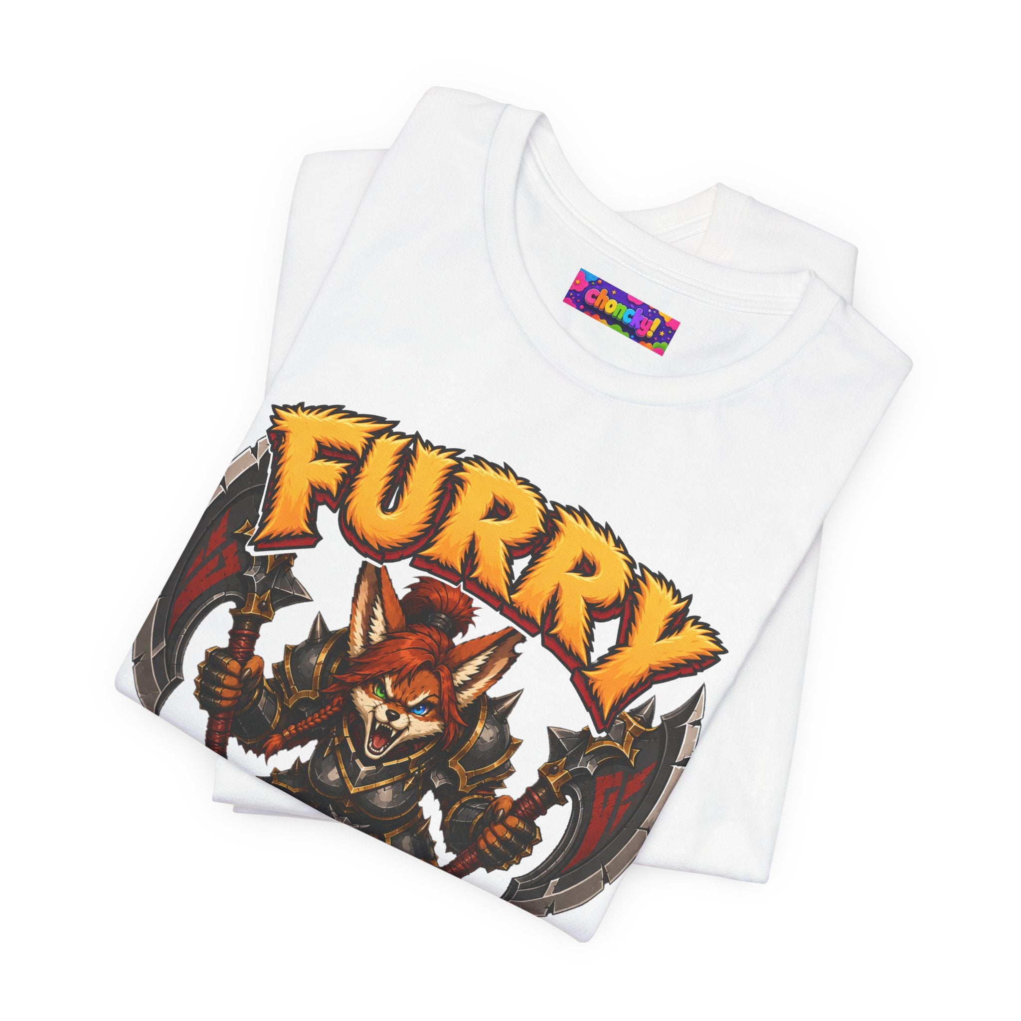 Furry Warrior vulpera fantasy MMO graphic T-shirt, white shirt folded to show the print.