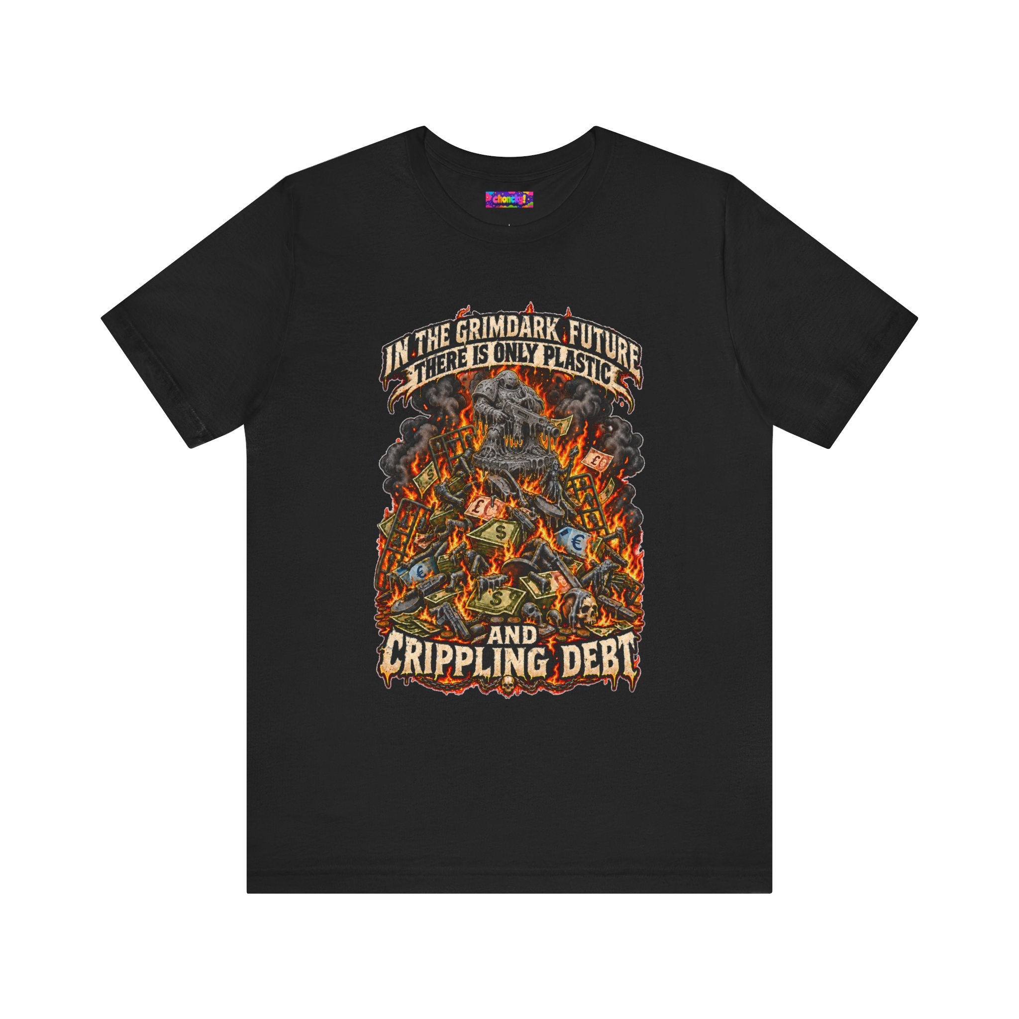 Only Plastic & Crippling Debt graphic T-shirt product mockup
