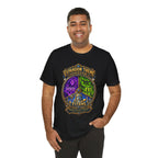 Expansion Theme Generator fantasy MMO graphic T-shirt, black shirt three-quarter view modeled by a person.