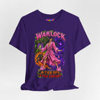 Warlock A-Tier DPS, S-Tier Comfort fantasy gamer T-shirt, purple shirt draped on a light background.