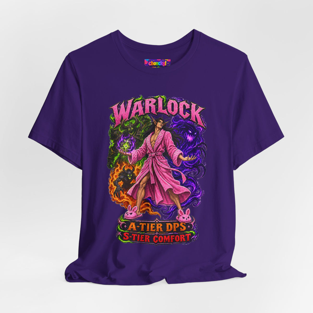 Warlock A-Tier DPS, S-Tier Comfort fantasy gamer T-shirt, purple shirt draped on a light background.