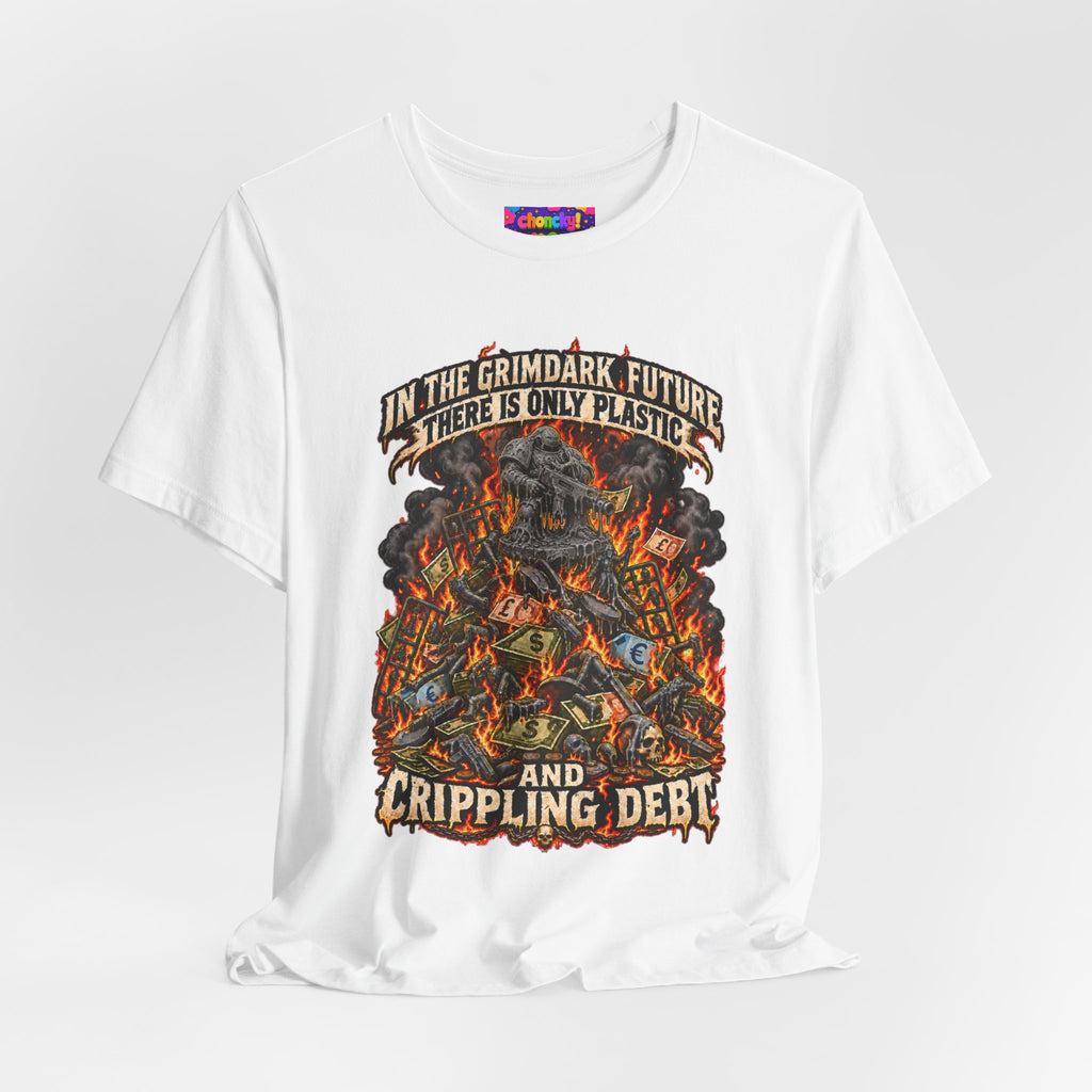 Only Plastic & Crippling Debt graphic T-shirt product mockup