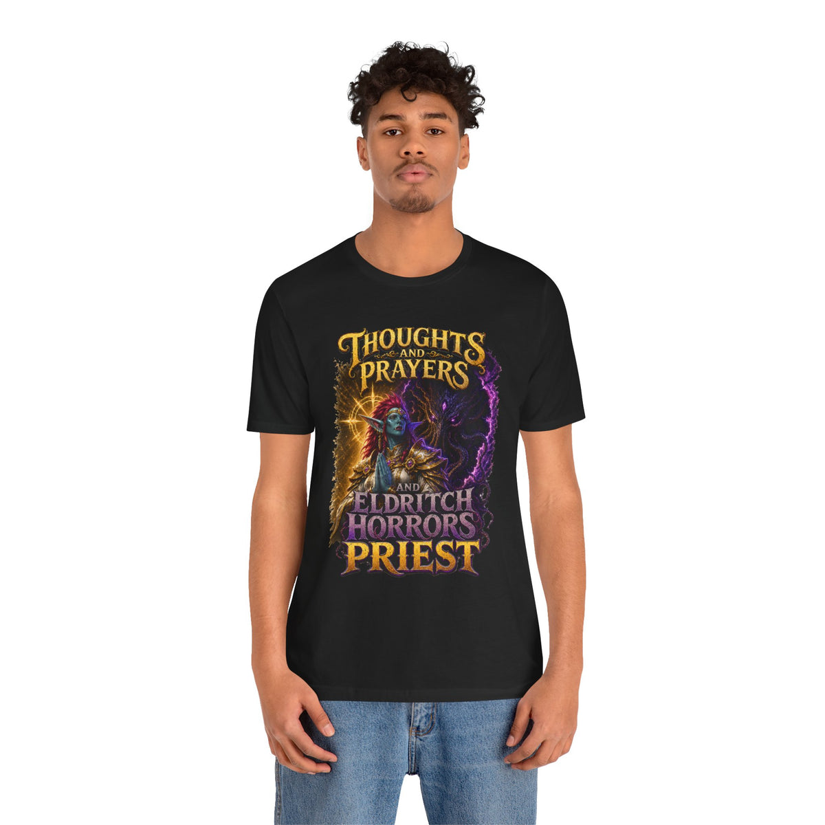 Thoughts, Prayers & Eldritch Horrors graphic T-shirt product mockup