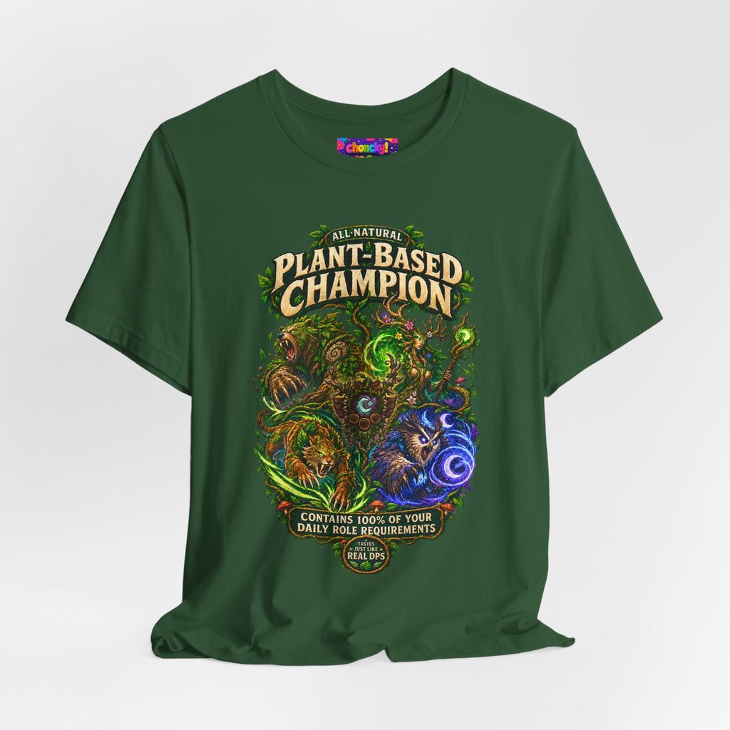 Plant-Based Champion fantasy druid graphic T-shirt, forest green shirt draped on a light background.