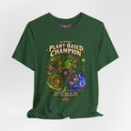 Plant-Based Champion fantasy druid graphic T-shirt, forest green shirt draped on a light background.