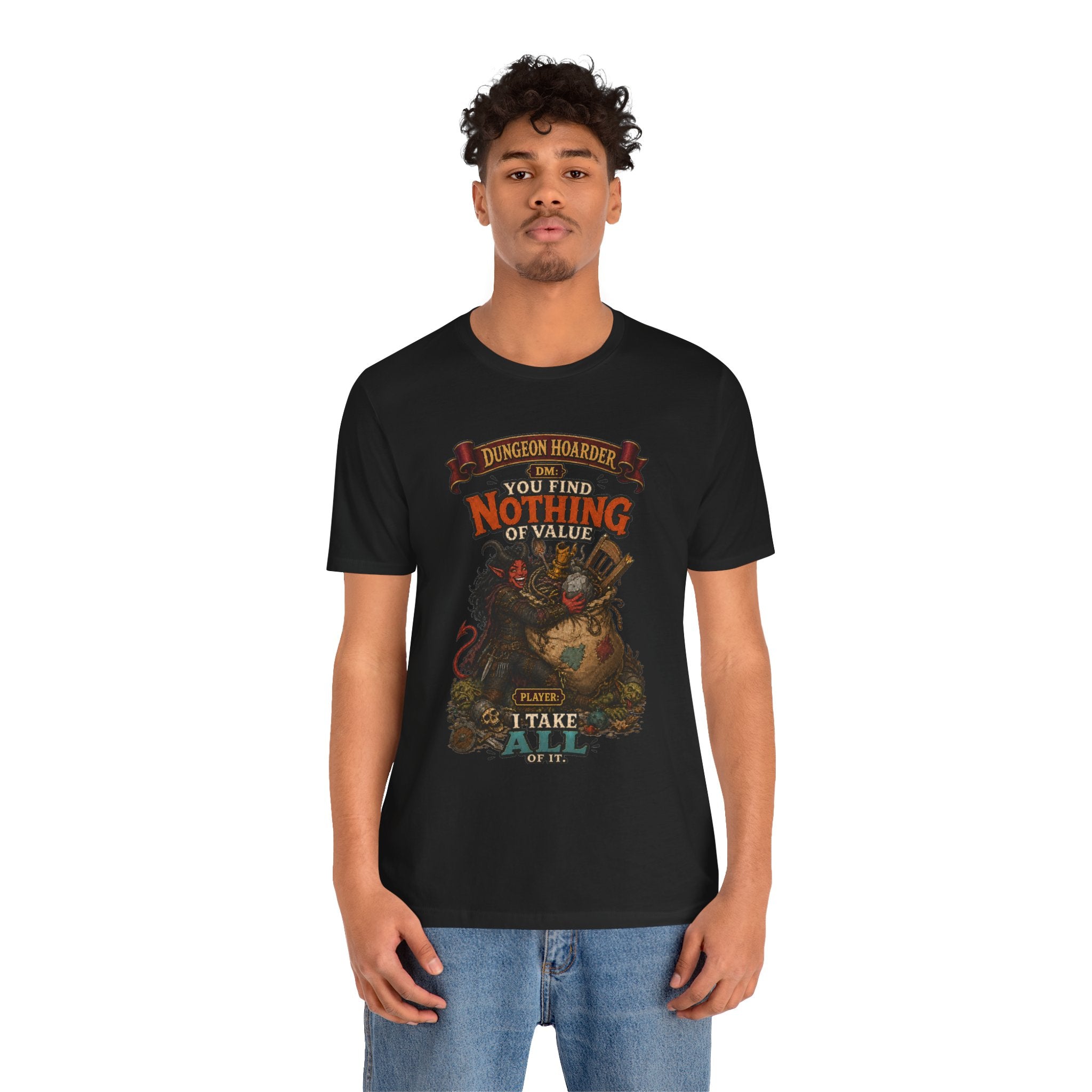 Dungeon Hoarder tiefling tabletop RPG graphic T-shirt, black shirt front view modeled with a relaxed stance.