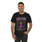 Mage Hand tabletop RPG graphic T-shirt, black shirt three-quarter view modeled by a person.