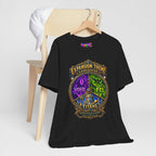 Expansion Theme Generator fantasy MMO graphic T-shirt, black shirt hanging beside a chair.