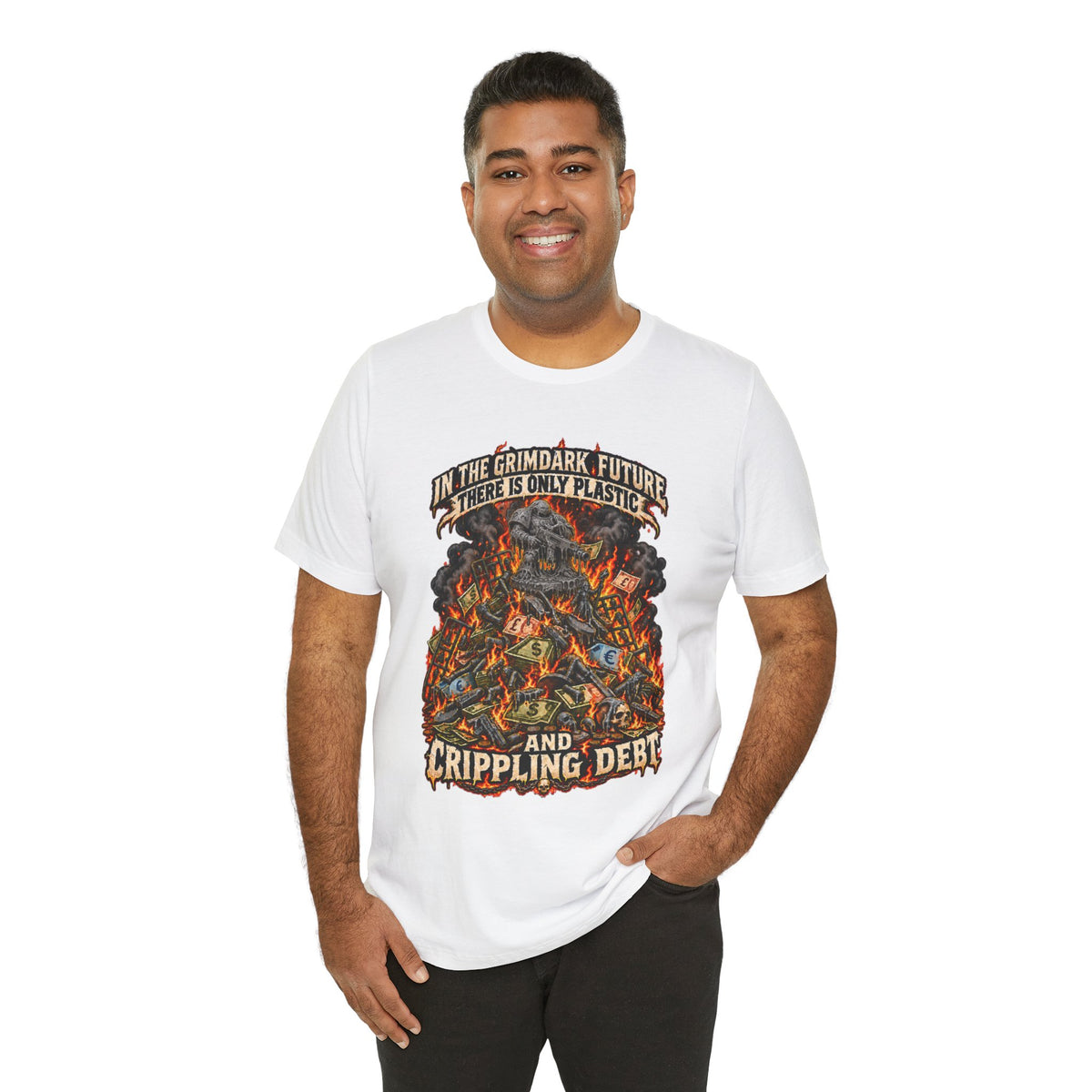Only Plastic & Crippling Debt graphic T-shirt product mockup