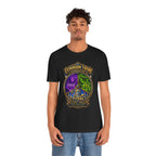Expansion Theme Generator fantasy MMO graphic T-shirt, black shirt front view modeled with a relaxed stance.