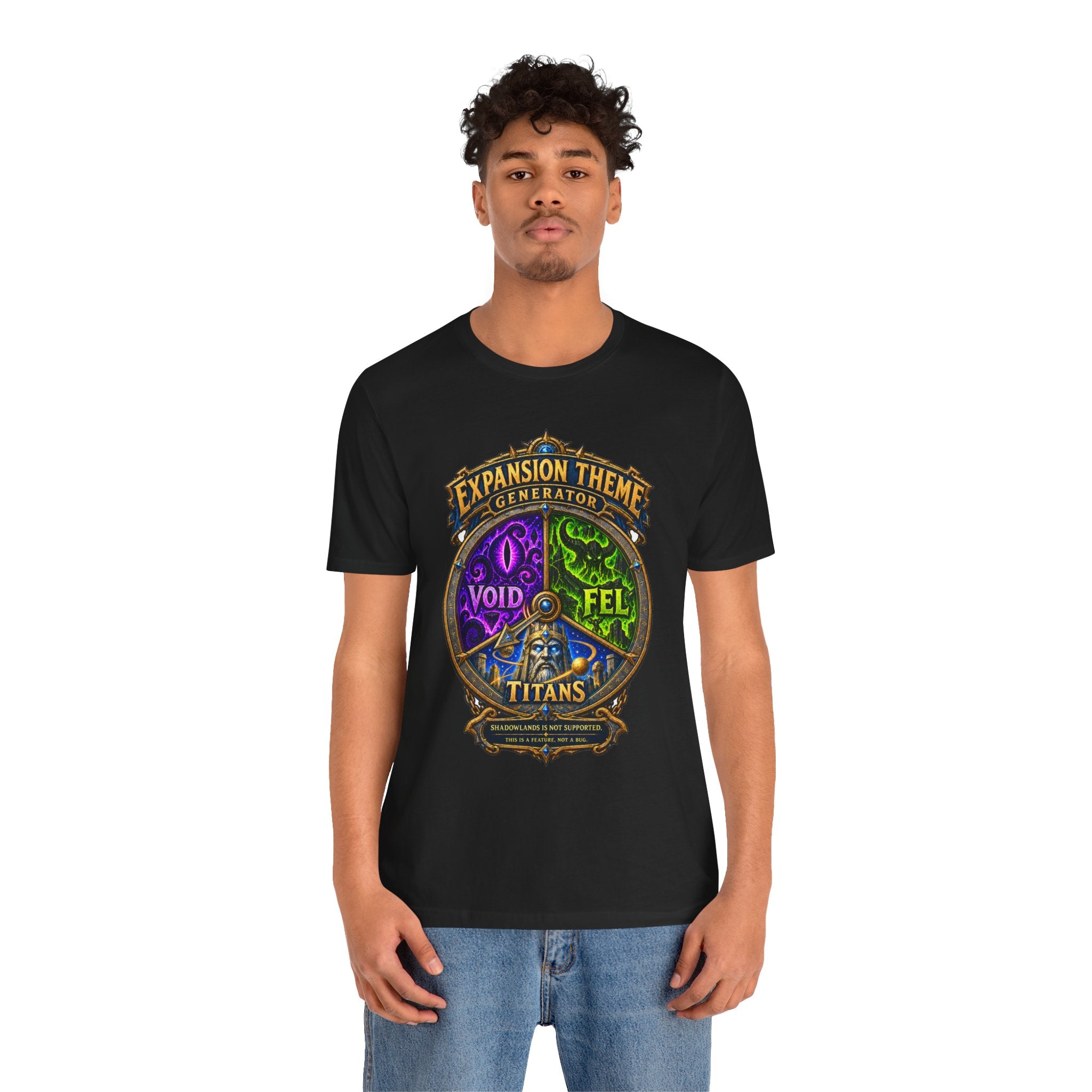 Expansion Theme Generator fantasy MMO graphic T-shirt, black shirt front view modeled with a relaxed stance.