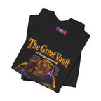 Great Vault Reset Regret Repeat fantasy MMO graphic T-shirt, black shirt folded to show the print.