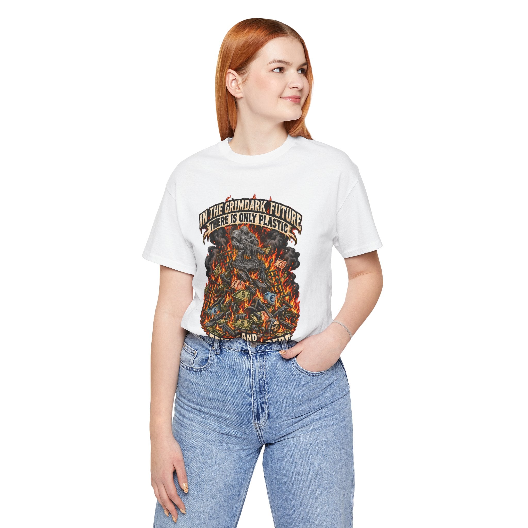 Only Plastic & Crippling Debt graphic T-shirt product mockup
