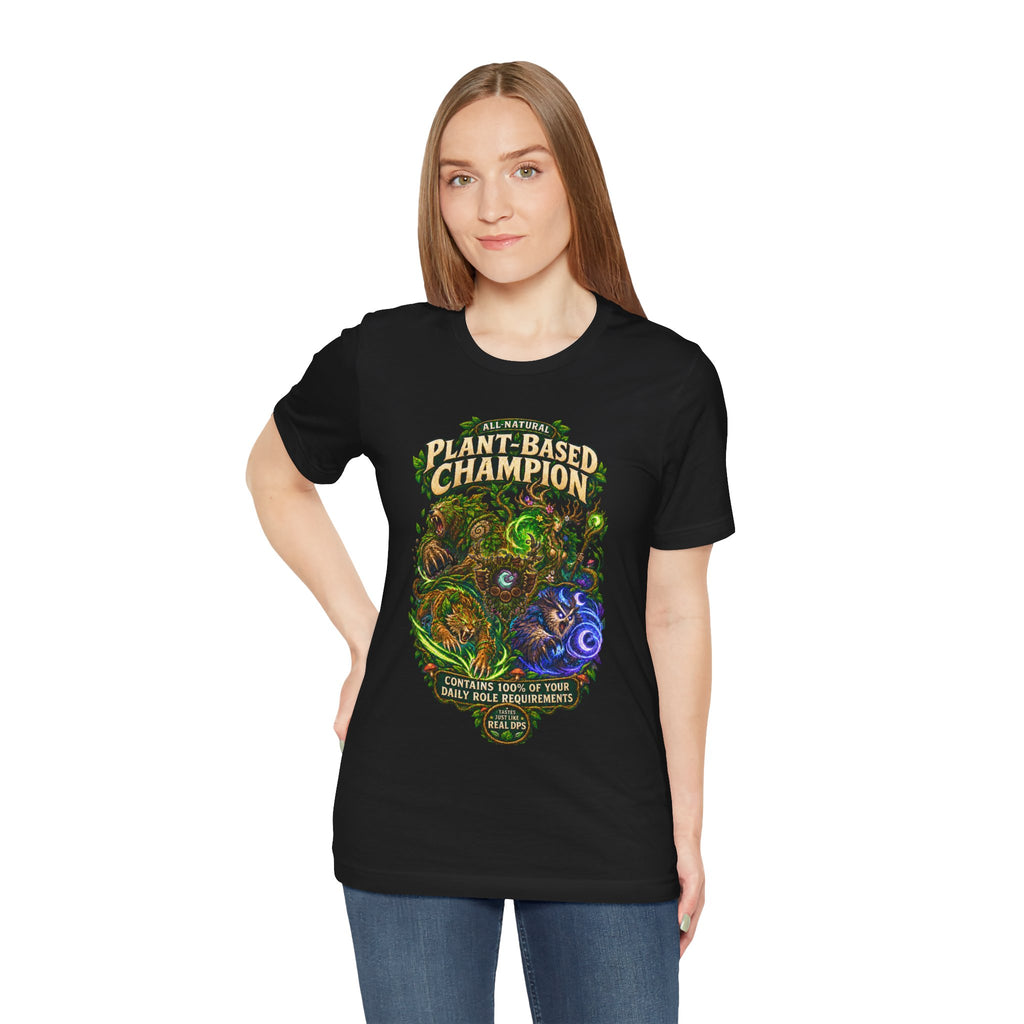 Plant-Based Champion fantasy druid graphic T-shirt, black shirt front view modeled with one hand on the hip.