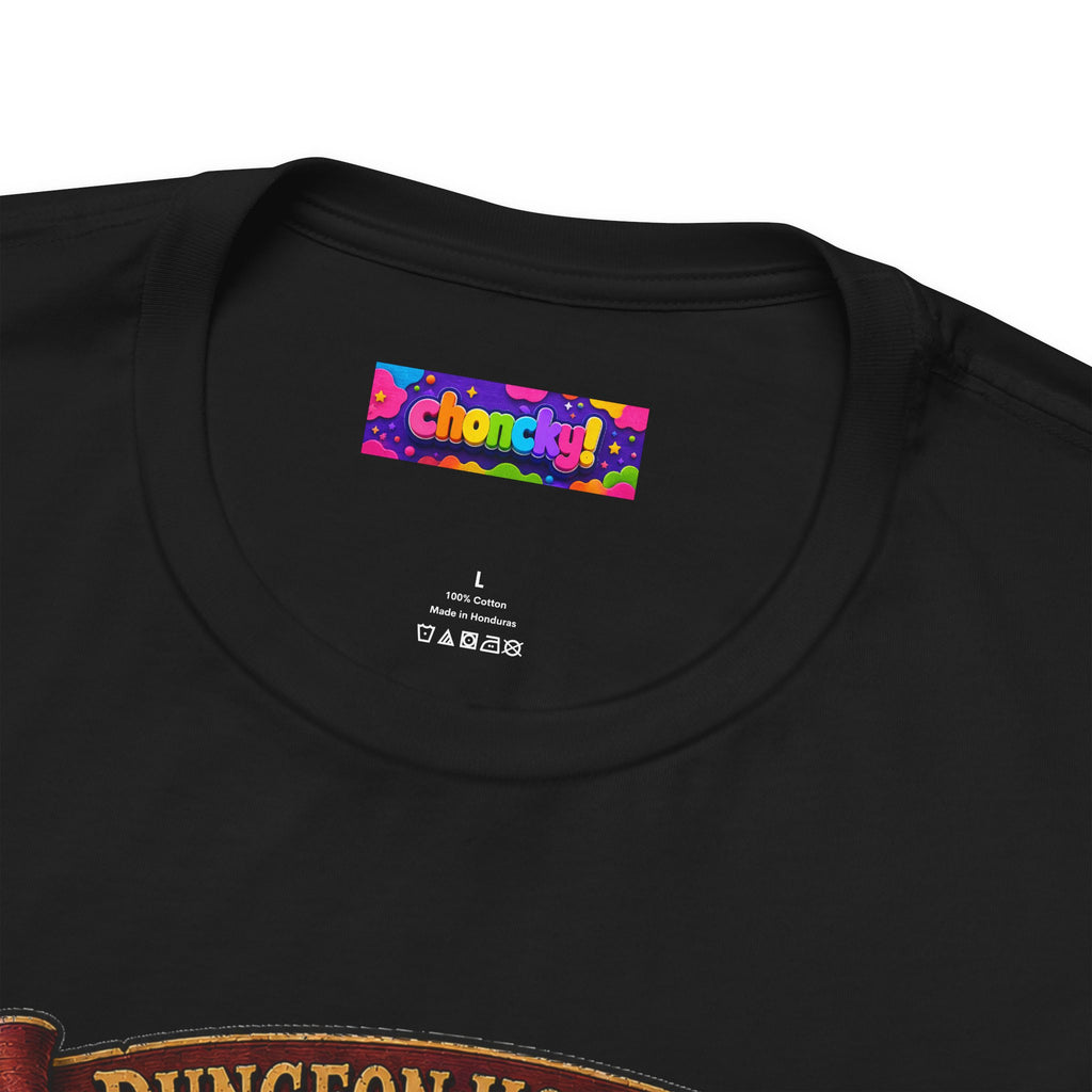 Dungeon Hoarder tiefling tabletop RPG graphic T-shirt, close-up of the Choncky neck label.