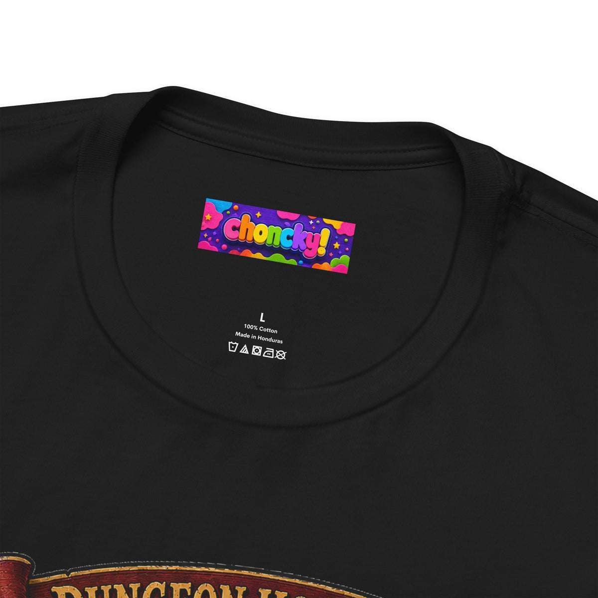 Dungeon Hoarder tiefling tabletop RPG graphic T-shirt, close-up of the Choncky neck label.