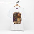 I Have a Plan Barrelmancer fantasy RPG graphic T-shirt, white shirt hanging from a wooden hanger.