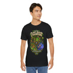 Plant-Based Champion fantasy druid graphic T-shirt, black shirt front view modeled with the shirt untucked.