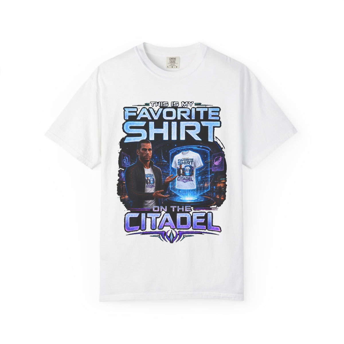 Commander's Favorite Shirt on the Citadel sci-fi graphic T-shirt, white shirt front view.
