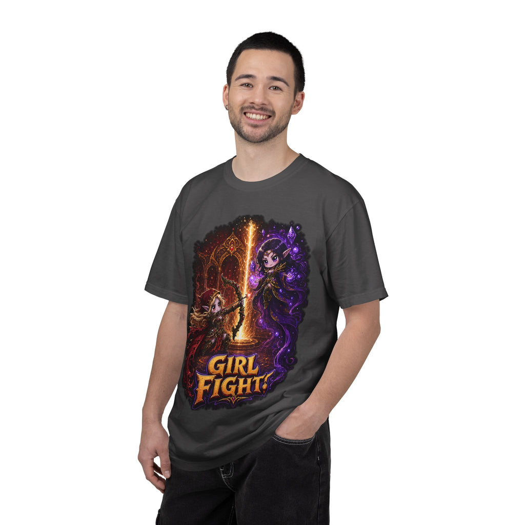 Girl Fight fantasy warrior duel graphic T-shirt, charcoal shirt modeled by a man.