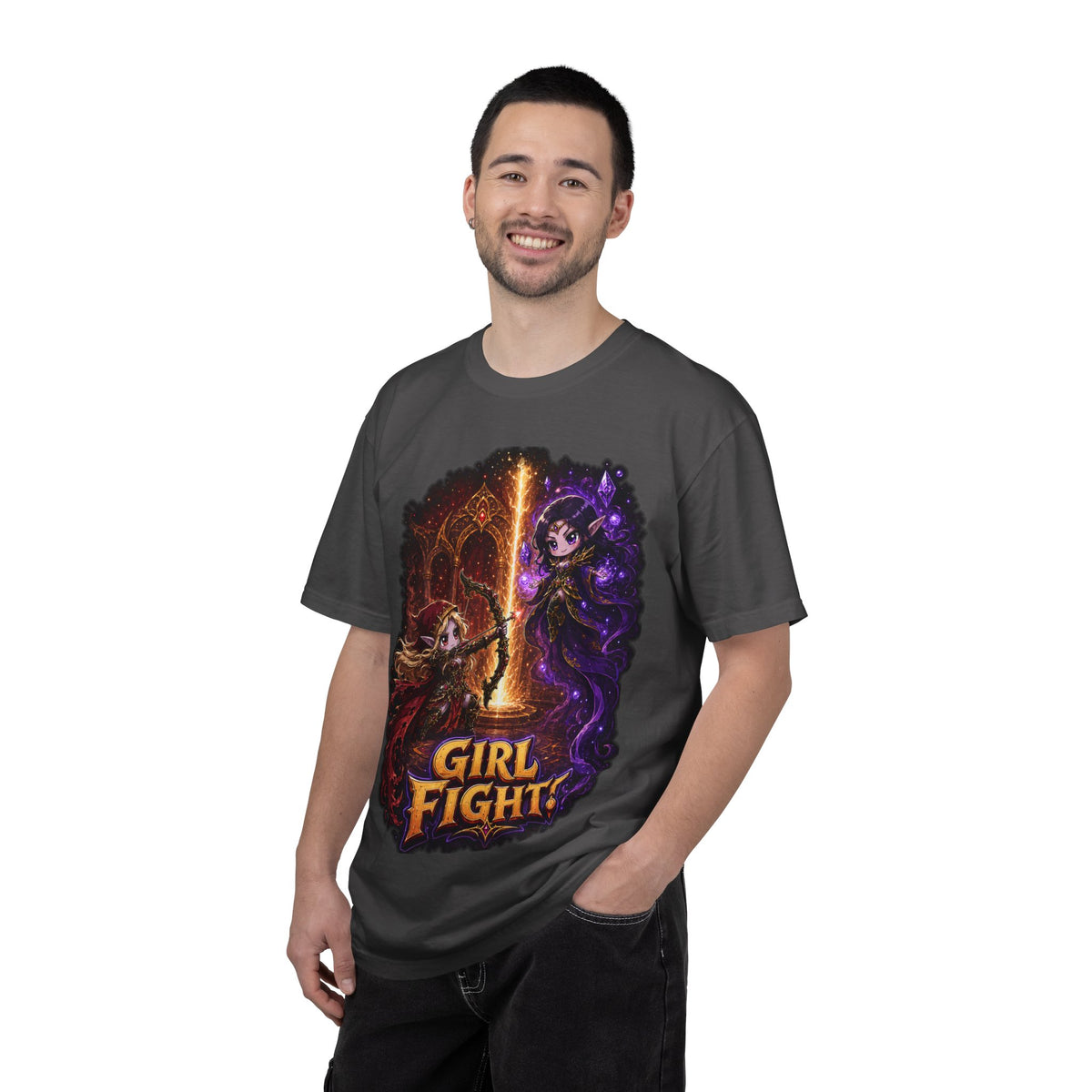Girl Fight fantasy warrior duel graphic T-shirt, charcoal shirt modeled by a man.