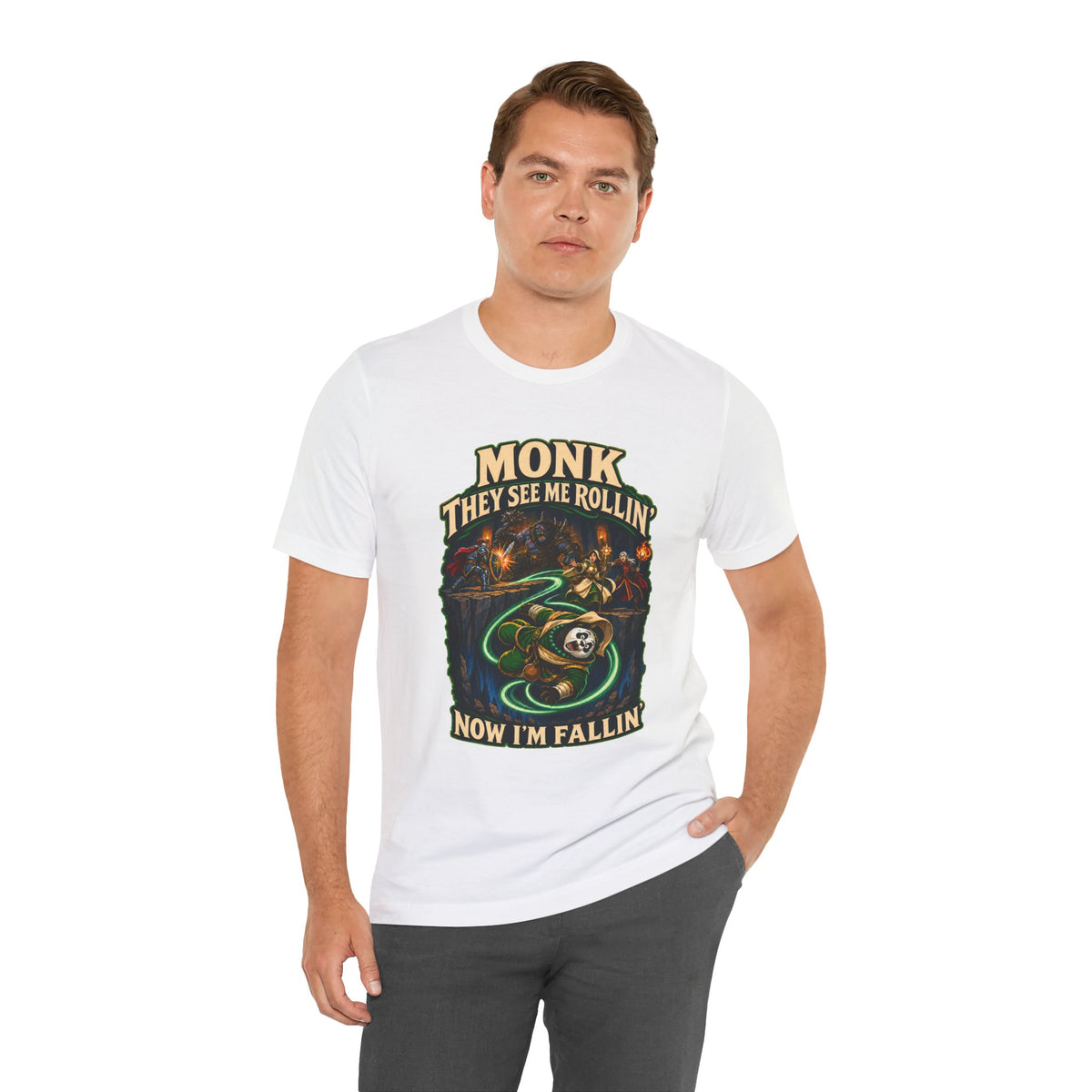 They See Me Rollin’ Monk graphic T-shirt product mockup