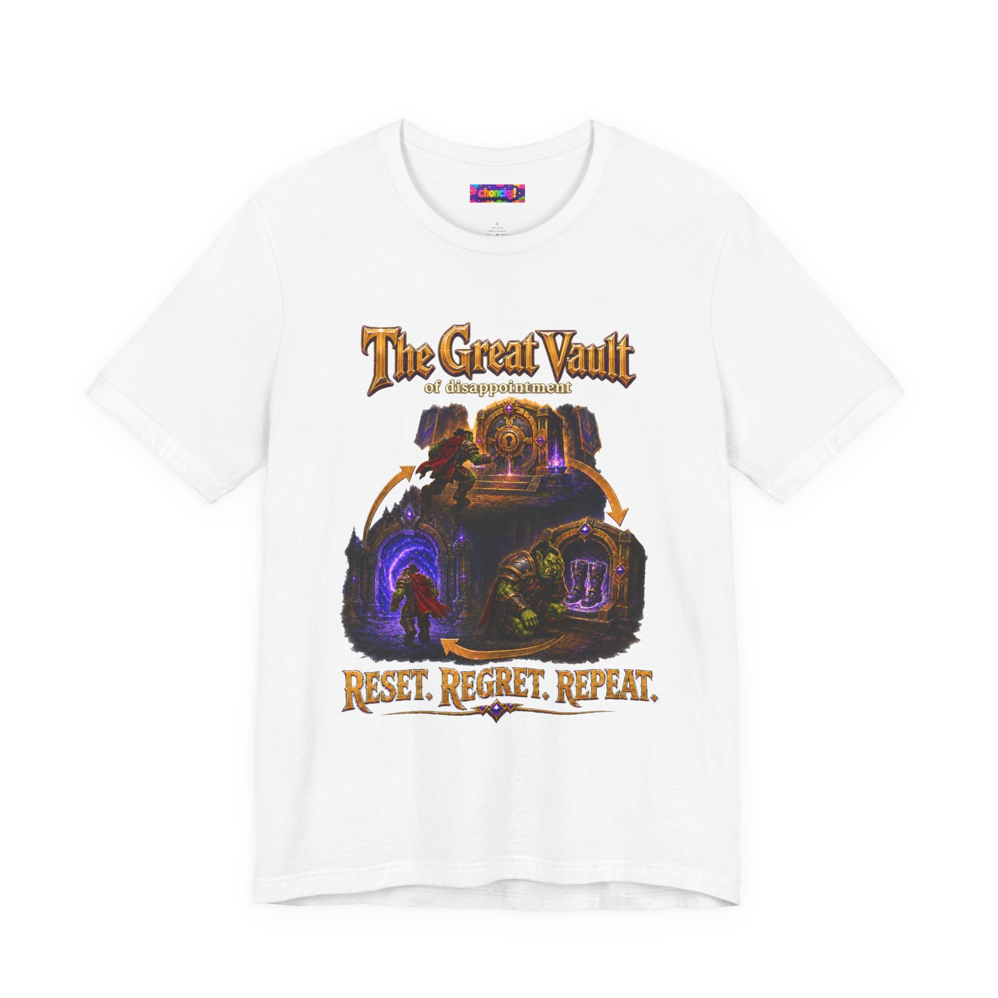 Great Vault Reset Regret Repeat fantasy MMO graphic T-shirt, white shirt front view.