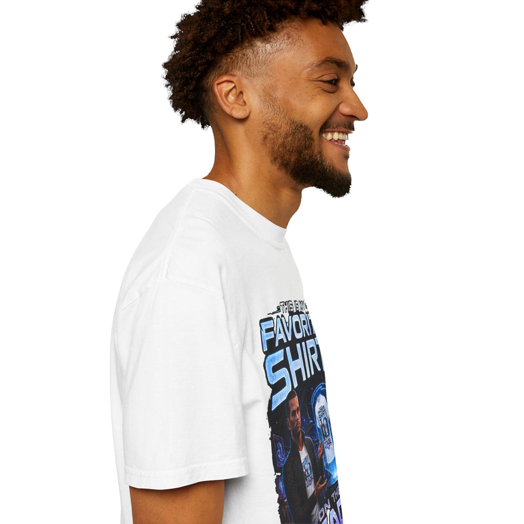 Commander's Favorite Shirt on the Citadel sci-fi graphic T-shirt, white shirt front view modeled with the shirt untucked.