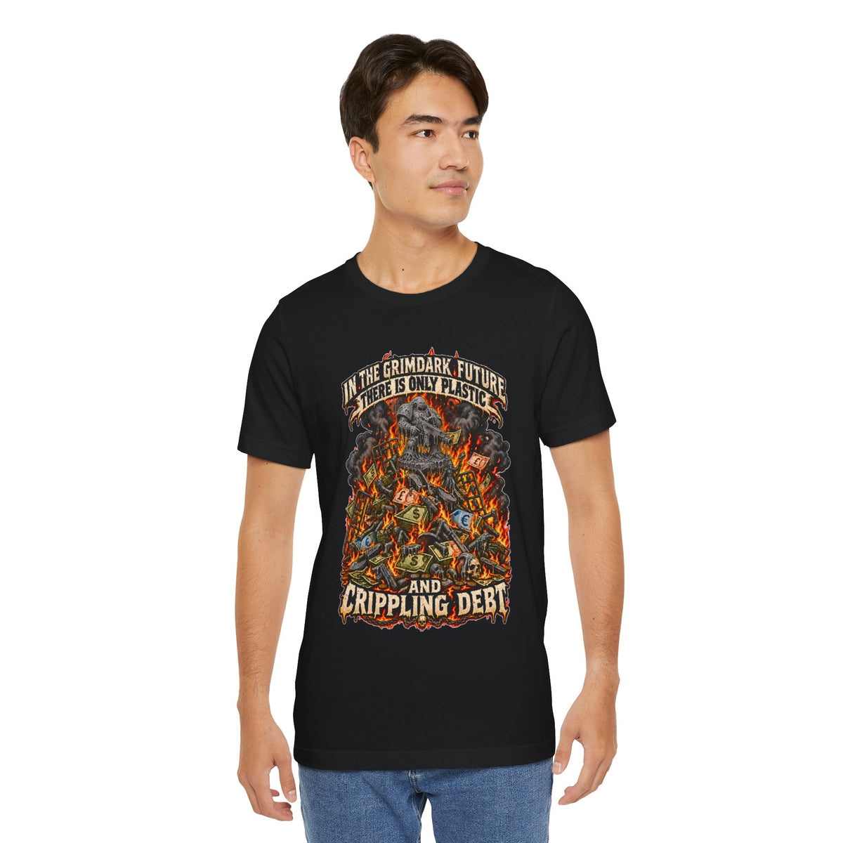 Only Plastic & Crippling Debt graphic T-shirt product mockup