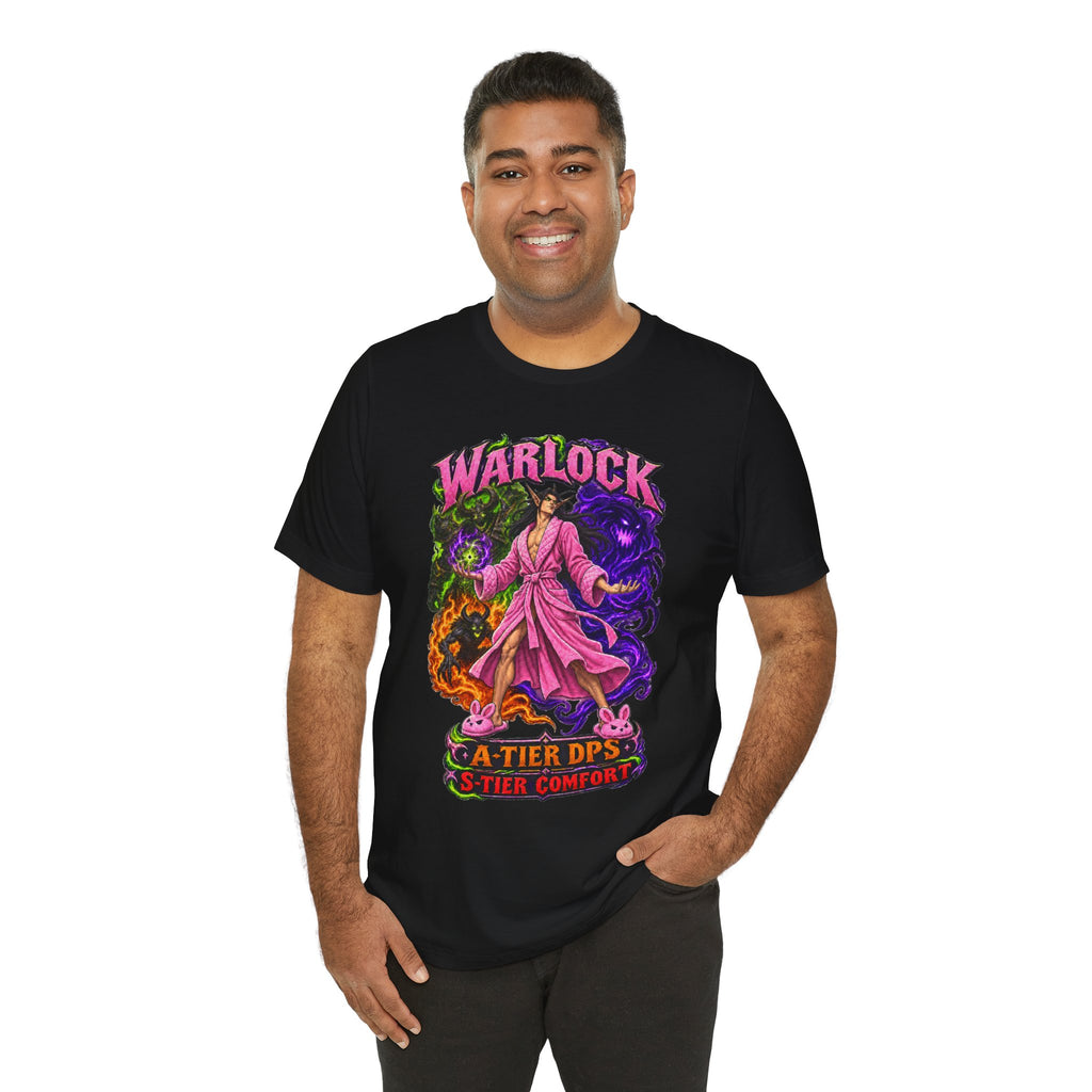 Warlock A-Tier DPS, S-Tier Comfort fantasy gamer T-shirt, black shirt three-quarter view modeled by a person.