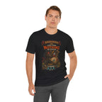 Dungeon Hoarder tiefling tabletop RPG graphic T-shirt, black shirt front view modeled with one hand in a pocket.