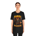 Furry Warrior vulpera fantasy MMO graphic T-shirt, black shirt front view modeled by a standing person.