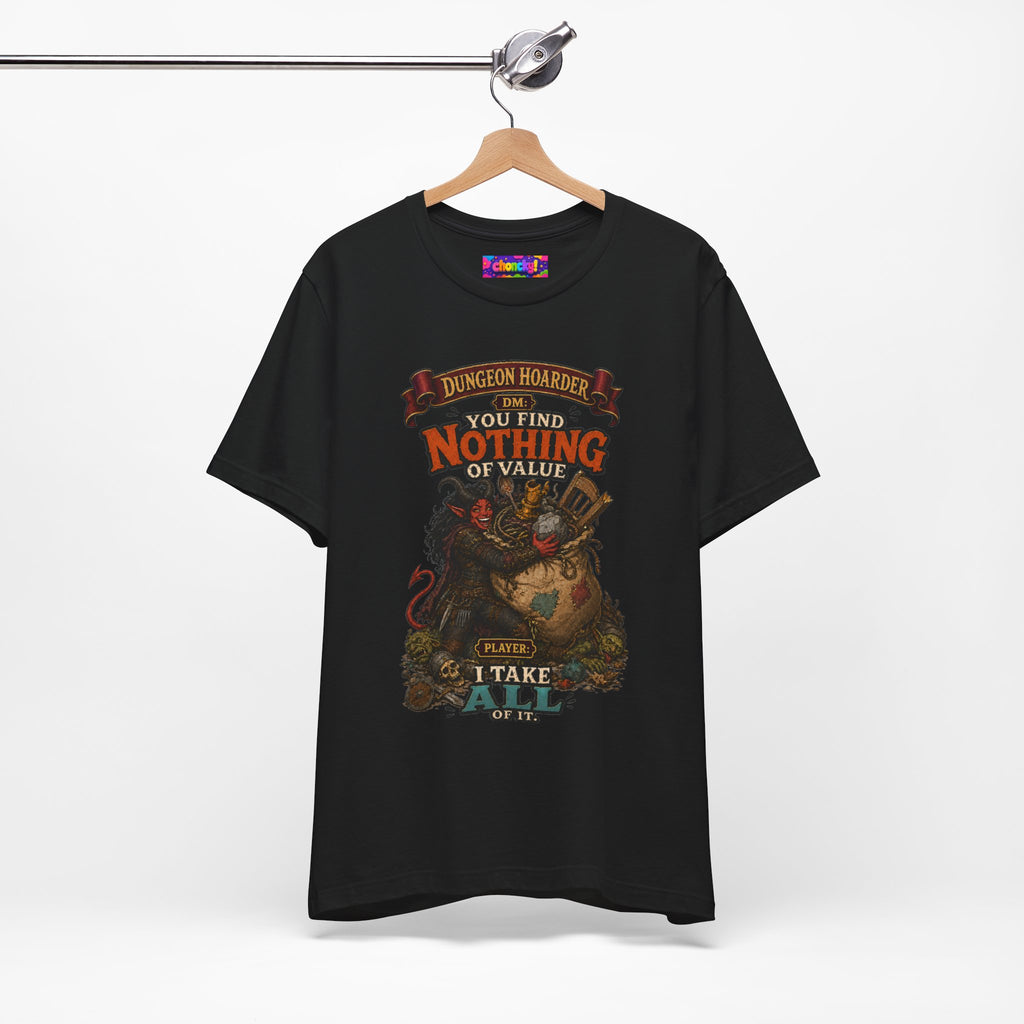 Dungeon Hoarder tiefling tabletop RPG graphic T-shirt, black shirt hanging from a wooden hanger.