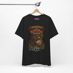 Dungeon Hoarder tiefling tabletop RPG graphic T-shirt, black shirt hanging from a wooden hanger.