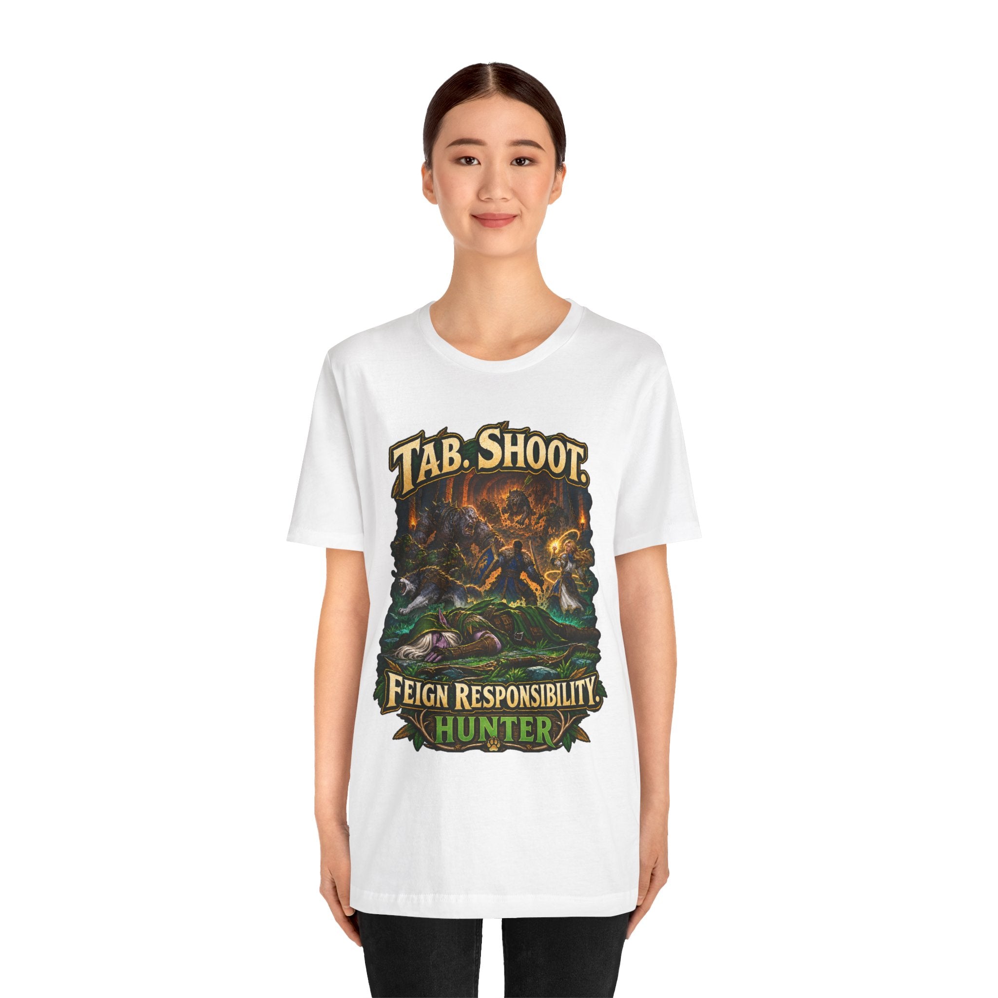 Feign Responsibility Hunter graphic T-shirt product mockup