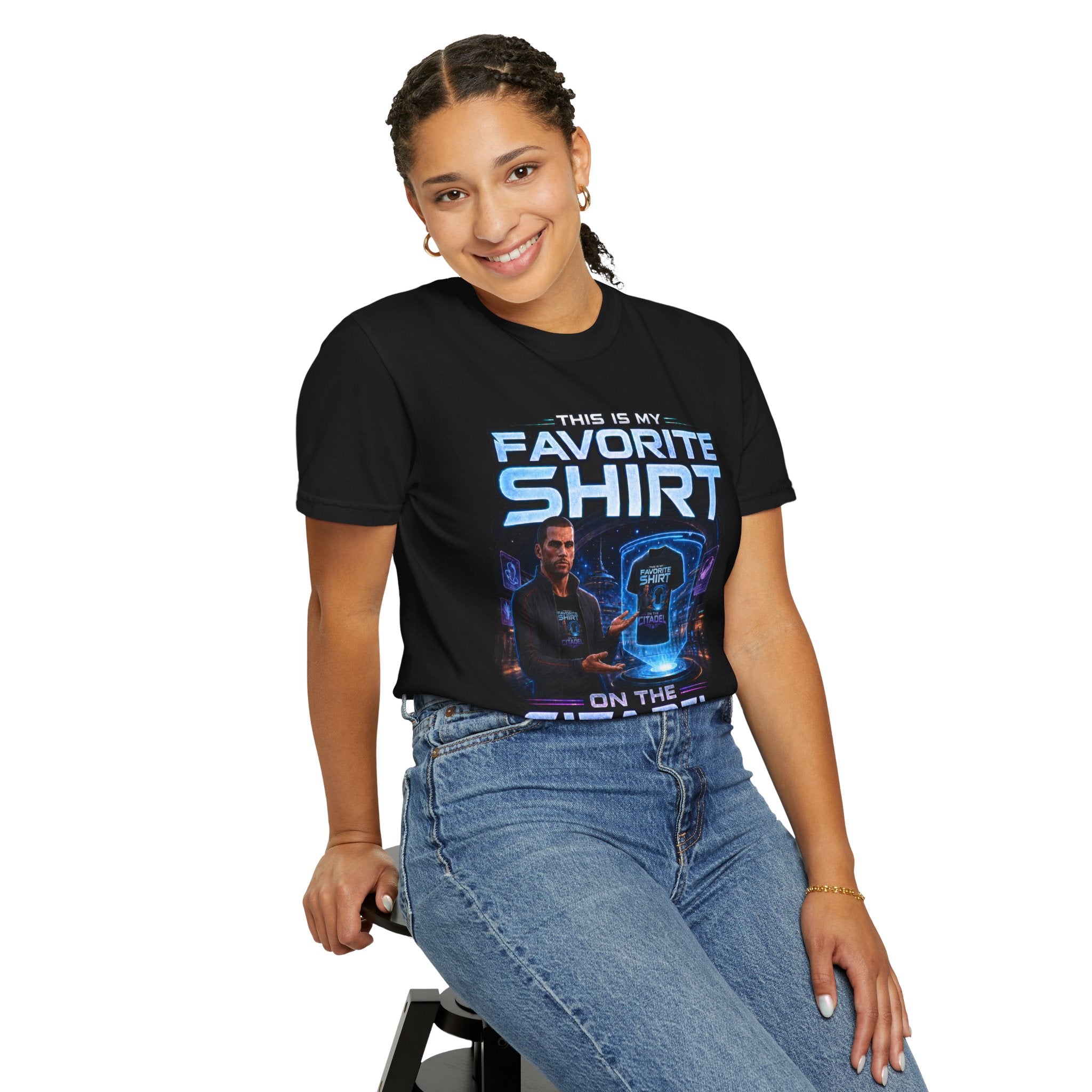 Commander's Favorite Shirt on the Citadel sci-fi graphic T-shirt, black shirt three-quarter view modeled by a person.