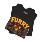 Furry Warrior vulpera fantasy MMO graphic T-shirt, black shirt folded to show the print.