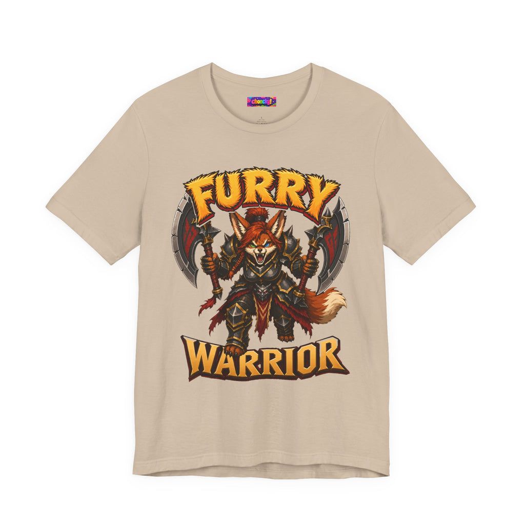 Furry Warrior vulpera fantasy MMO graphic T-shirt, sand shirt front view.